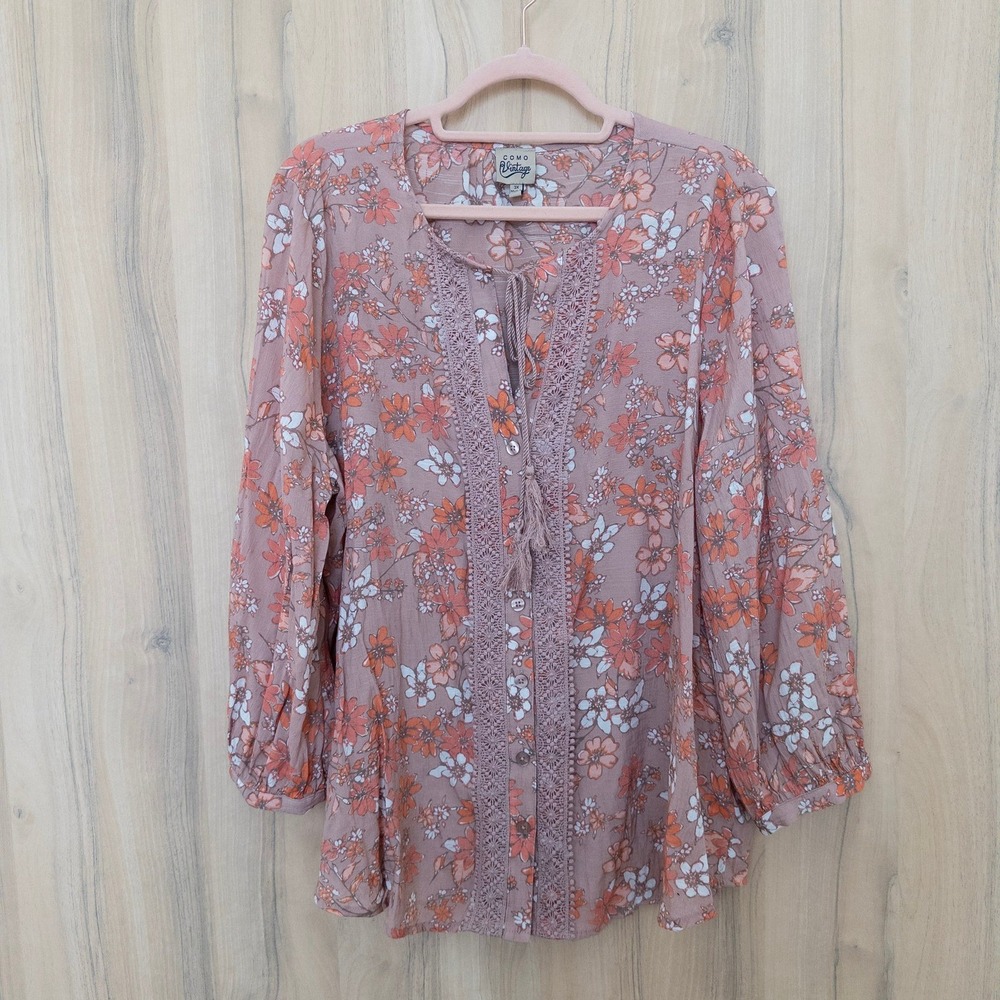 Como Vintage Womens Blouse Size 3X‎ Pink Floral Lace Tassel Boho Cottage Hippie
